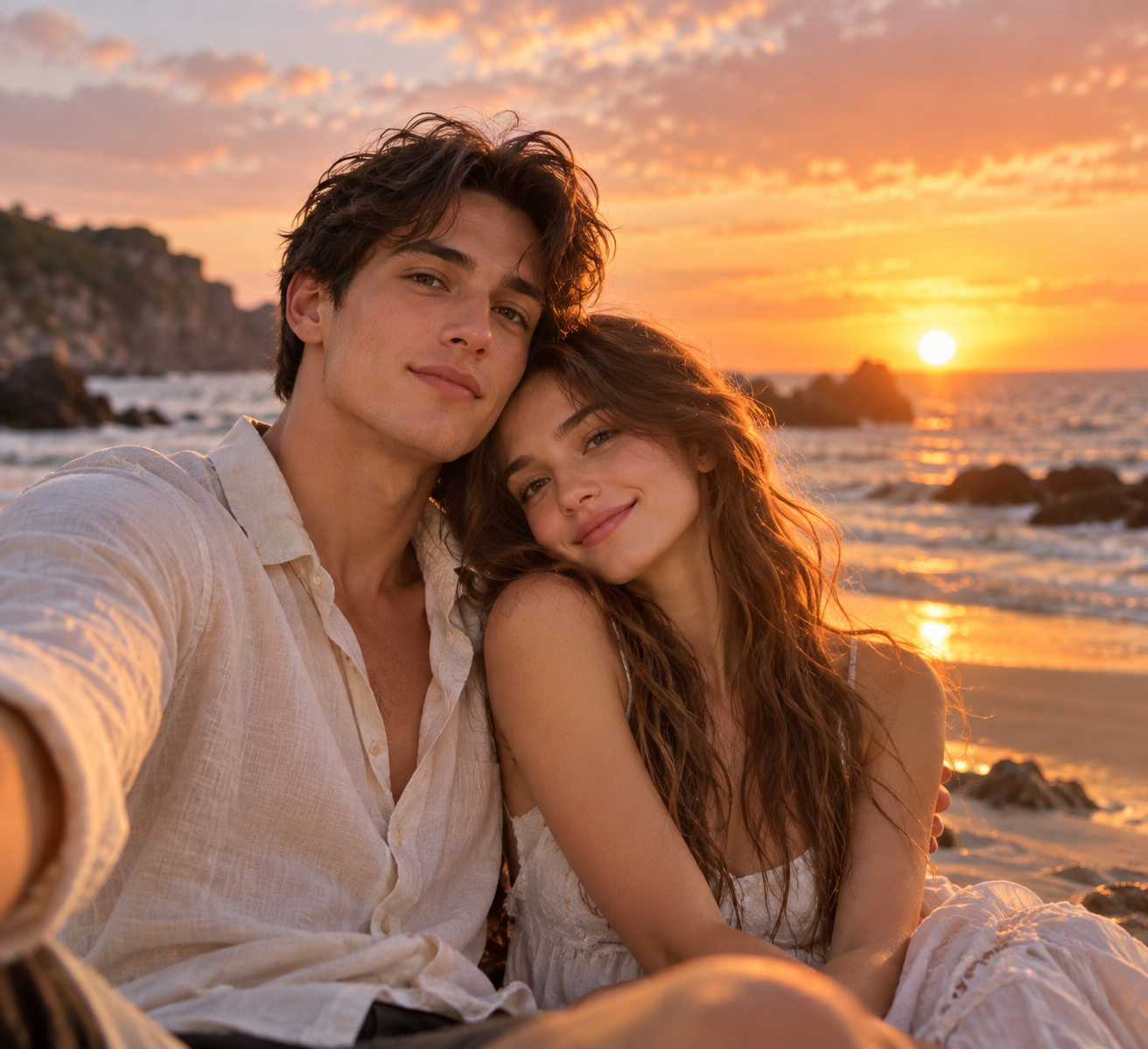 Romantic AI couple photo at sunset